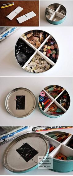 several different pictures of various objects in tins and trays on a table with scissors