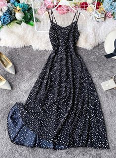 Cute A line polka dot dress summer dress 042 Fabric: blended Color: champagne, black, red, white Size(cm): S, M, L S length 112 bust 80 waist 68 M length 113 bust 84 waist 72 L length 114 bust 90 waist 76 Chic A-line Polka Dot Dress, Elegant Black A-line Sundress, Spring A-line Polka Dot Midi Dress, Polka Dot A-line Spring Midi Dress, Polka Dot A-line Midi Dress For Spring, Polka Dot Mini Dress For Summer, Polka Dot Sleeveless A-line Dress For Summer, Polka Dot Sleeveless Sundress For Summer, Elegant Sleeveless Polka Dot Maxi Dress