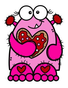 a pink monster holding a heart in its paws with two red hearts on it's chest