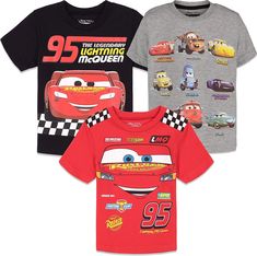 three boys'cars t - shirts, each with the character from disney and pixa