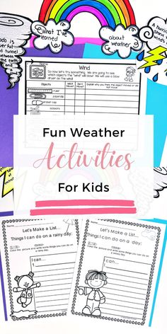 fun weather activities for kids with rainbows and clouds in the background, including writing