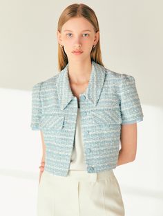 Editor's NoteThis jacket is crafted from a tweed material and has a lively and cheerful cropped length. The tweed fabric is woven with wing yarn and subtly mixed with metallic yarn to give a unique and feminine look- The lining is made of solid fabric to provide a comfortable fit- Chiffon detail at the end of the sleeve and the detachable bow create a lovely atmosphere- The cropped length is perfect for matching with high-waisted bottoms - Style with Teri chiffon layered h-line tweed long s Chanel Matching Set, Cropped Tweed Jacket For Spring, Zara Tweed Jacket, Tweed Cropped Jacket, Tweed Outfit, Model Clothes, Tweed Material, Zara Tweed, Moda Chanel