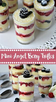 mini angel berry trifles on a white plate with silverware and spoons