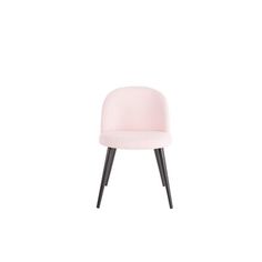 a pink chair with black legs and a white back ground, in front of a white background