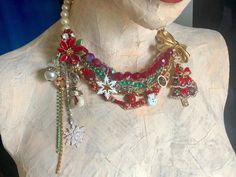 OOAK Assemblage Statement Necklace*Christmas Party Bib*Beads Charms Rhinestones Upcycling Jewelry, Jewelry Assemblage, Vintage Assemblage Necklace, Artisan Jewelry Necklaces, Vintage Assemblage, Assemblage Necklace, Statement Bib Necklace, Christmas Necklace, Assemblage Jewelry