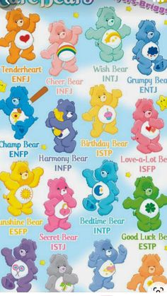 the care bears poster has many different colors and sizes, including pink, blue, green,