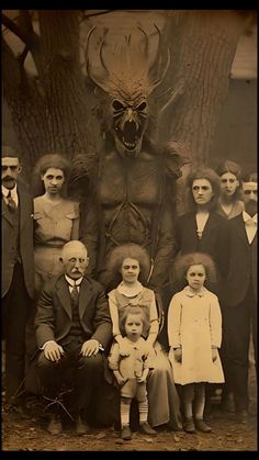 a group of people standing next to each other in front of a giant creature statue