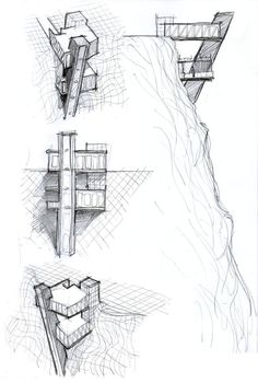 three drawings of different types of shelves on a white paper background, one is drawn in pencil and the other has graphite