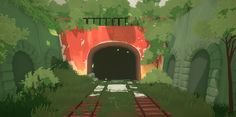 an animated image of a train coming out of a tunnel in the woods with trees