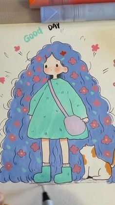 a child's drawing of a girl with blue hair holding a purse and standing next to a cat