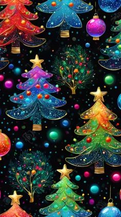 colorful christmas trees on black background with stars and baubs in the sky,