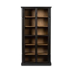 an empty bookcase with wooden shelves and glass doors on the front, isolated against a white background