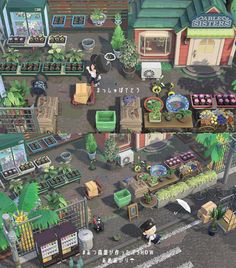 an aerial view of a garden center with lots of potted plants and people walking around