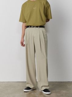 Editor's NotesThese wide pants are designed with front tucks for volume and relaxed silhouette that works well for versatile styling. Featuring vintage and cool material, they are made from nep mixed linen-blend which is recycled fabric has appearance like grains of sand in the desert and has softness from cotton and drapery from rayon.- Zip and real-horn button fastening- Two front slash pockets- Two back welt pockets- Front tucks- Wide fit- Unisex wearMeasurements (in.) XS / S / M / L- Waist: 14.0 in. / 15.0 in. / 16.5 in. / 17.5 in. - Front Rise: 12.8 in. / 13.2 in. / 13.8 in. / 14.2 in.  - Thigh: 13.2 in. / 13.8 in. / 14.8 in. / 15.4 in.- Hem: 10.0 in. / 10.4 in. / 10.8 in. / 11.2 in. - Total Length: 40.6 in. / 41.3 in. / 42.1 in. / 42.9 in.Model info: - Woman: Height 5' 6.1, Weight 10 Relaxed Fit Pants Men, Men’s Wide Leg Pants, Wide Pants Outfit Men, Soft Outfits Men, Mens Khaki Outfit, Wide Pants Men, Wide Pants Outfit, Wide Linen Pants, Khaki Pants Outfit