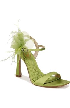 Spring Green Embellished Heels, Glamorous Green Ankle Strap Heels, Green Heels With 4-inch Heel For Party, Green Pointed Toe Sandals With 4-inch Heel, Green Synthetic Sandals With 4-inch Heel, Strap Sandals Women, Floral Applique, Sandal Women, Sam Edelman