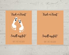 two cards with the words trick or treat and small my feet