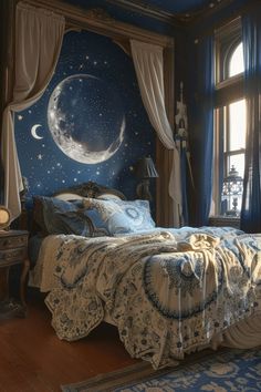 a large bed sitting under a window next to a night sky painting on the wall