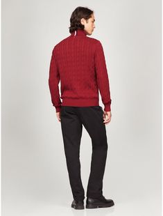 Tommy Hilfiger men's sweater. Made from soft cotton in a textured cable knit weave, this turtleneck sweater is the perfect layer, complete with rib-knit cuffs, collar and hem with touches of subtle branding throughout.  Material: 100% Cotton. Casual Cable Knit Turtleneck With Funnel Neck, Casual Cable Knit Turtleneck, Casual Cable Knit Funnel Neck Sweater, Casual Cable Knit Turtleneck Outerwear, Casual Wool Turtleneck With Ribbed Collar, Winter Cotton Cable Knit Polo Sweater, Classic Knit Turtleneck With Ribbed Cuffs, Classic Textured Knit Turtleneck For Winter, Casual Wool Turtleneck With Ribbed Cuffs