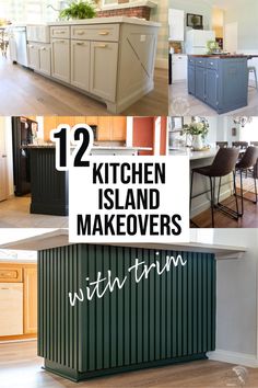 kitchen island makeovers with thin text overlaying the top and bottom photo collage