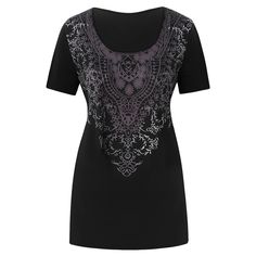 Plus Size Graphic U Neck T Shirt - Black - 5Q16444514 - Women's Clothing  #WomensClothing #Women's #Clothing Flare Sleeves Pattern, Plus Size Off The Shoulder, Black Chiffon Blouse, Plus Size Crop Tops, Womens Dress Coats, Cold Shoulder Tops, Spandex Shirts, Short Sleeve Tunic, Fashion Plus Size