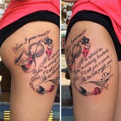 two pictures of the same woman's thigh with tattoos on them, one has a clock