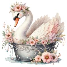 a white swan sitting in a bathtub with pink flowers on it's head