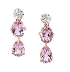 These gorgeous two-toned drop earrings feature over 7 carats of sparkling pink morganite in two shapes, dangling from brilliant white diamond tops set in 18k gold! The perfectly matched, crystalline gem morganites have beautiful, bright pink color and are set in 18k pink gold baskets that dangle below a lovely arrangement of fine white diamonds. The diamond tops were formed by encircling a single princess cut diamond with marquise shaped diamonds, creating the illusion of a single large diamond! Gold Baskets, Diamond Tops, Marquise Shape Diamond, Pink Morganite, Ring Pendant Necklace, White Jewelry, Princess Cut Diamonds, Elegant Earrings, Color Rosa