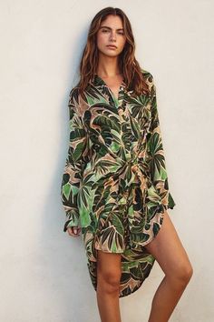 Green Tropical Tie Shirt Dress - STYLED BY ALX COUTUREDRESS Tropical Leaf Print, Tie Shirt, Tropical Leaf, Leaf Print, Tropical Leaves, High Low Hem, Leaf Prints, Lapel Collar, Summer Days