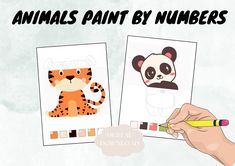 a hand holding a pencil and drawing pictures of animals on paper with the words, animals paint by numbers