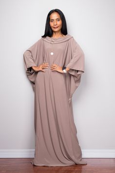 "Large taupe dress with cowl neck design.  Loose fitting mocha kaftan maxi Dress, Modest light brown dress for plus size women PRODUCT SIZE : One Size Fits Most * Chest : free up to 60\" * Waist : free up to 60\" * Hips : free up to 60\"  * Circumference bottom hem : 45\" * Length : 55\"  * Sleeve length : 23\" MATERIAL  * ITY Polyester   MODEL :  * Model chest : 32\", Height 160 cm (5.2) without high heel  * Accessories excluded    Produced by NUICHAN     IMPORTANT NOTE  *Please note that colou Dress For Xl Women, Modest Long Brown Maxi Dress, Gray Floor-length Maxi Dress, Long Frocks For Girls, Long Boho Dress, Maxi Frocks, Taupe Dress, Maxi Dress Plus Size, Boho Dresses Long