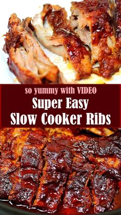 slow cooker ribs with the words super easy slow cooker ribs in front of them