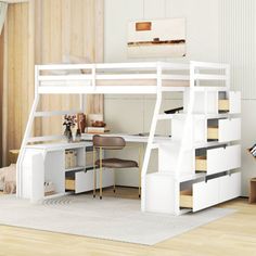 a white loft bed with stairs and desk in the corner, next to a window