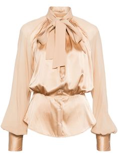 beige stretch-silk satin finish pussy-bow collar front button fastening fitted waistline elasticated waistband buttoned cuffs long puff sleeves curved hem Buttoned Shirt, Bow Collar, Ermanno Scervino, Long Puff Sleeves, Button Shirt, Satin Finish, Silk Satin, Puff Sleeves, Puff Sleeve