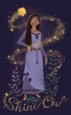 an illustration of a woman with long hair and stars on her head, standing in the grass