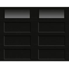 a black garage door with three windows on the front and one in the back side