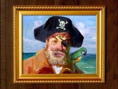 a painting of a man with a parrot on his shoulder and a pirate's hat