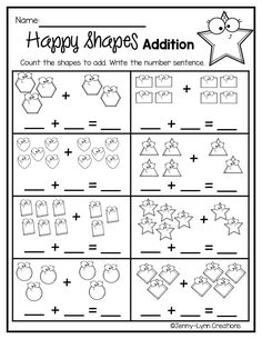 happy shapes addition worksheet for kids to practice counting and adding the number one