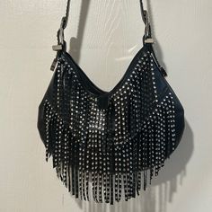 Black Kippys Shoulder Bag With Fringe Authentic Leather Swarovski Crystals Never Used - Nwot Designer Leather Shoulder Bag With Rhinestones, Black Shoulder Bag With Palladium Hardware For Party, Luxury Bags With Rhinestone Fringe, Designer Black Embellished Shoulder Bag, Luxury Fringe Shoulder Bag For Party, Leather Fringe Purse, Fringe Purse, Leather Fringe, Swarovski Crystals