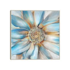 an abstract painting of a blue flower on a white background with gold and silver details