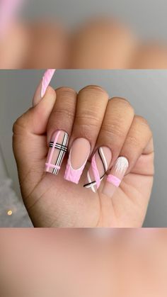 Plaid Pink Nails, Winter 2023 Nail Designs, Winter Nails 2023 Trends Acrylic Square, Pink And Blue Winter Nails, Squoval Nails Design Winter, Pink Plaid Nail Designs, Fun January Nails, Pink And Gray Nails Design, Pink Gray Nails