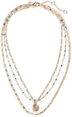 Banana Republic Summer Beads Triple Necklace Trendy Gold Beaded Necklaces With Lobster Clasp, Trendy Gold Beaded Necklace With Lobster Clasp, Trendy Gold Necklaces With Gold Beads, Gold Layered Necklace With Beaded Chain, Trendy Gold Beaded Necklaces For Jewelry Making, Trendy Gold Beaded Layered Necklace, Gold Multi-strand Jewelry With Colorful Beads, Gold Metal Beaded Necklace With Lobster Clasp, Gold Multi-strand Beaded Necklaces With Lobster Clasp