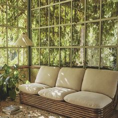 a couch sitting in front of a window next to a potted plant