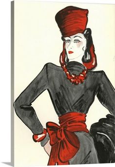 a drawing of a woman in a black dress and red hat with her hands on her hips