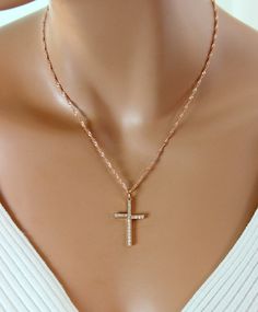 "This is a stunning 18kt rose gold filled pave crystal cross pendant on a diamond cut twist chain. This large cross measures 26x20mm and sparkles like no other. Necklace is a 18\" length and made of 18kt rose gold filled just like cross and has a spring clasp closure in back. This diamond cut chain adds even more sparkle! These are high quality cross necklaces that she is going to treasure. Comes in a cute gift box ready to present. This necklace will be ready to ship in 5-7 business days. Why y Rose Gold Cross Jewelry With Diamond Cut, Cross Necklace Women, Cross Necklaces, Crystal Cross, Cute Gift Boxes, Gold Cross Necklace, Book Writing, Women Rising, Christian Jewelry