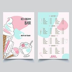 an ice cream bar menu with two scoops of ice cream on the front and side