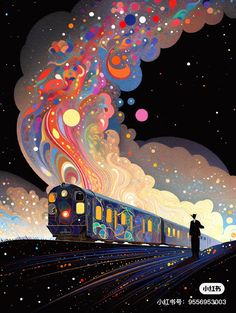 a man standing next to a train under a colorful sky with stars and circles on it