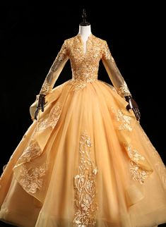 Gold Tulle Long Sleeves Lace Applique Formal Dress, Ball Gown Sweet 16 Dress Ball Gown Sweet 16, Gold Ball Gown, Sweet 16 Dress, Gold Tulle, Dress Ball Gown, 16 Dress, Quinceanera Dress, Princess Ball Gowns, Sweet 16 Dresses