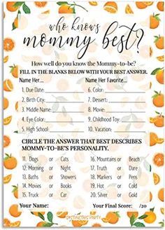 an orange themed baby shower game with the words, who likes mommy best? on it