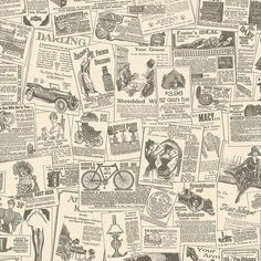 an old newspaper wallpaper with many different things on it