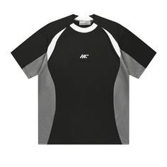 a black and grey t - shirt with white letters on the chest